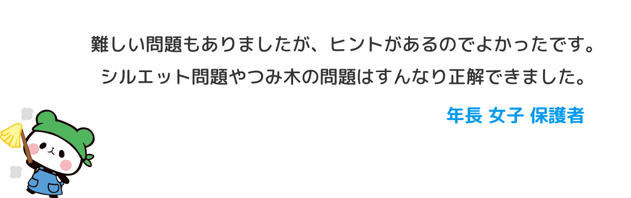 難しい問題もありましたが、ヒントがあるのでよかったです。シルエット問題やつみ木の問題はすんなり正解できました。 年長 女子 保護者